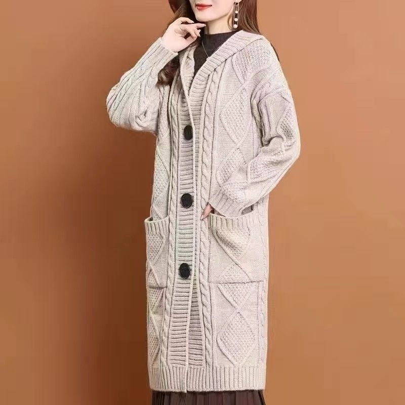 Heavy Industrial Jacquard Hooded Knit Cardigan