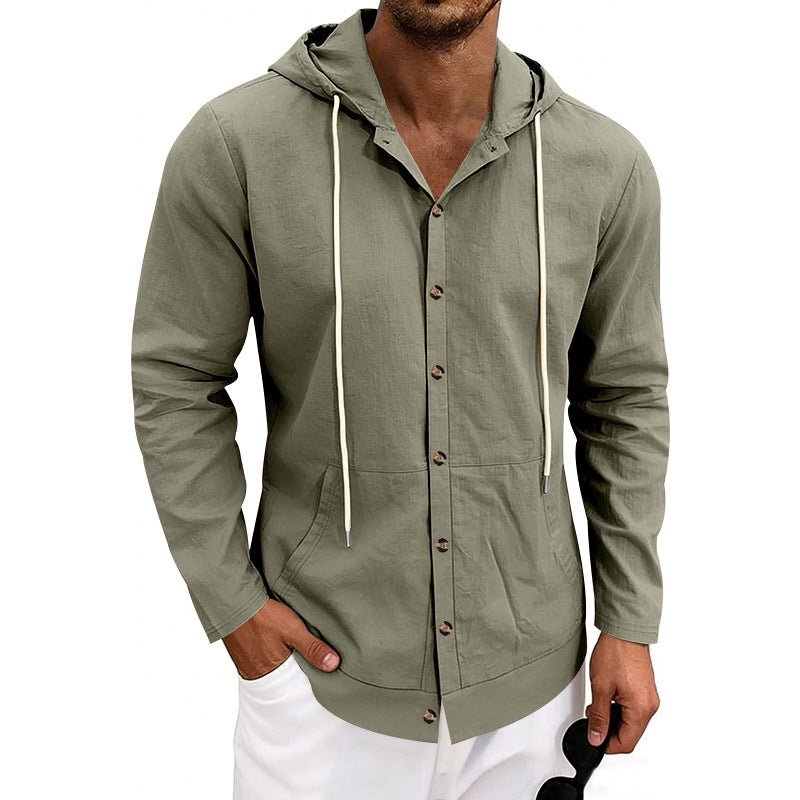 Mens Linen Hooded Beach Shirt  Casual Loose Fit Cardigan for Spring & Fall
