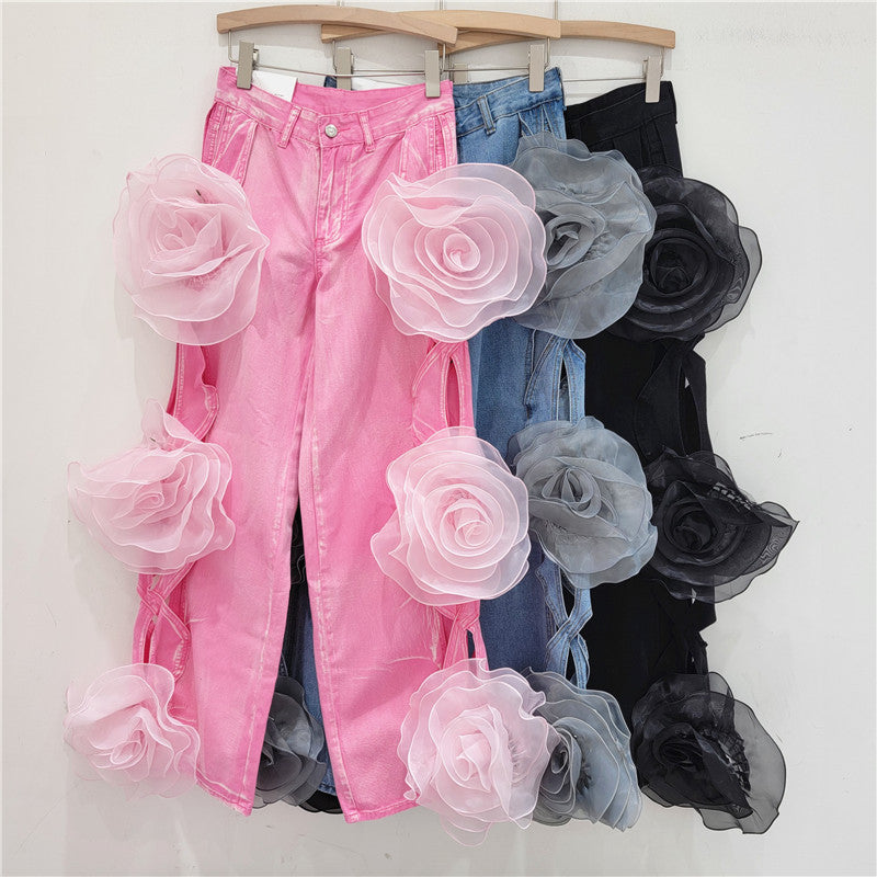 Trendy High-Waisted Pink Cut-Out Flower Denim Wide-Leg Pants