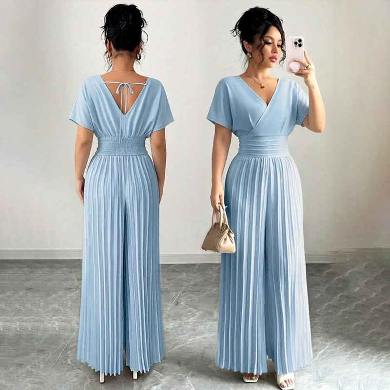 Women’s Elegant V-Neck Pleated Jumpsuit – Solid Color Waist-Cinching Short Sleeve Romper