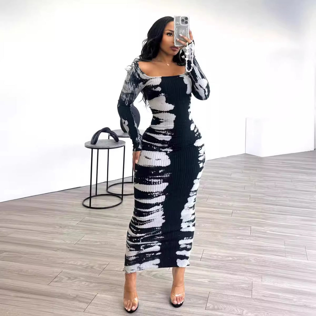 Pit Strip Print Rear Slit U-Neck Dress