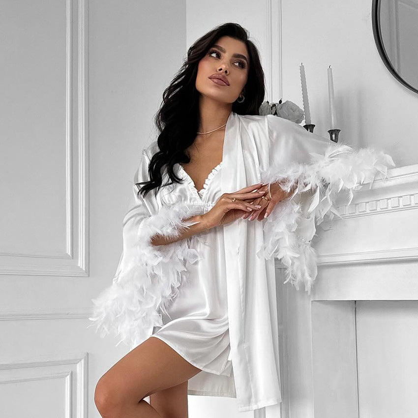 Chic Feather-Sleeve Satin Robe & Skirt Set