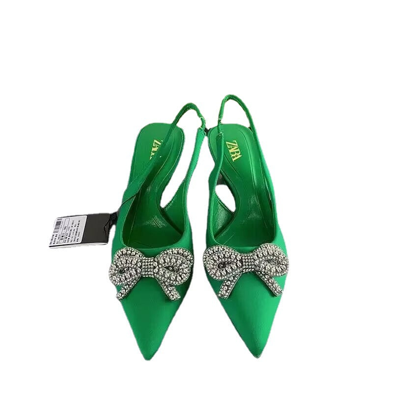 New sandals women's high heels pointed toe back with bow rhinestone chain bright accent stiletto shallow