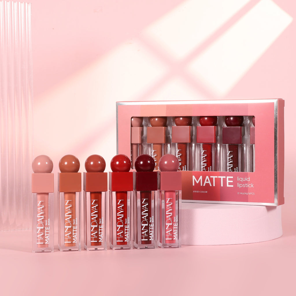 6-color square tube lip gloss set matte lipstick, lip gloss long-lasting waterproof non-stick cup handaiyan makeup