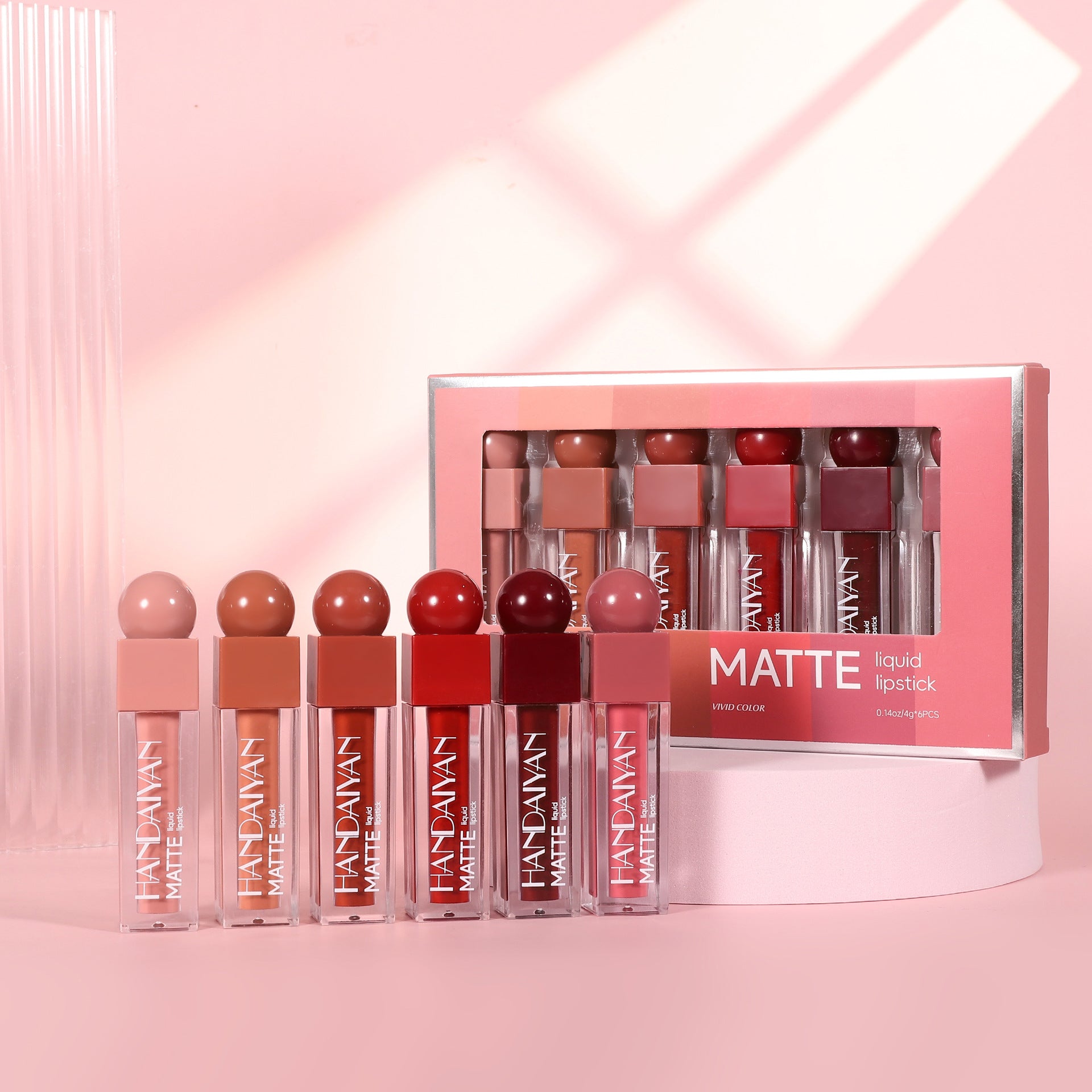 6-color square tube lip gloss set matte lipstick, lip gloss long-lasting waterproof non-stick cup handaiyan makeup