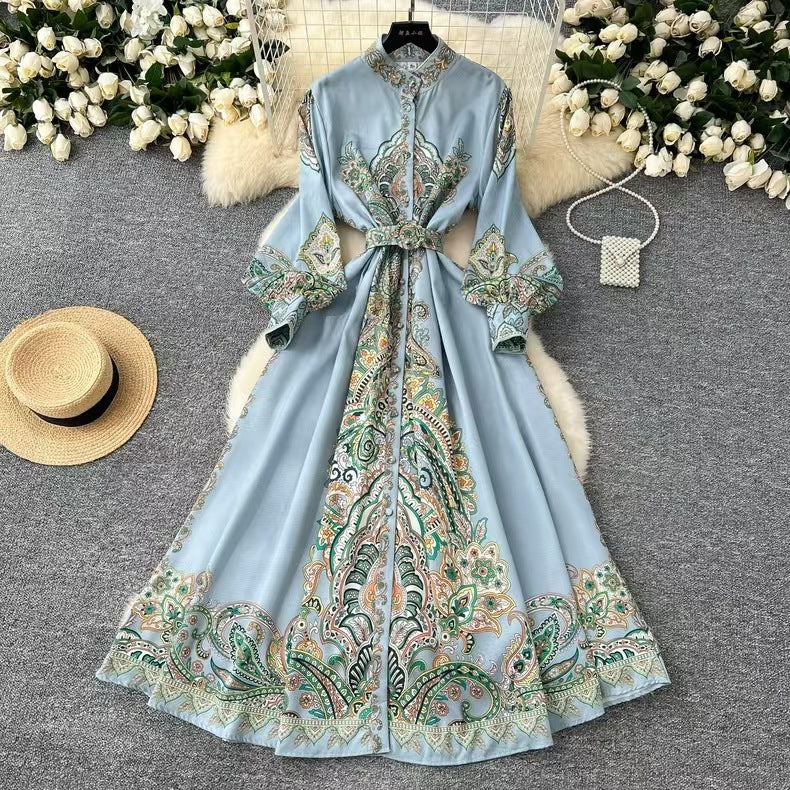 Printed Stand Collar Tie-Waist Dress