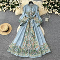 Printed Stand Collar Tie-Waist Dress