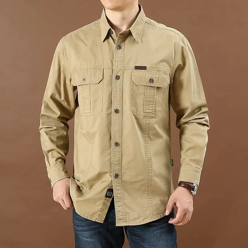 Men's Loose Long Sleeve Cargo Pocket Shirt - Plus Size Solid Color Casual Autumn Top