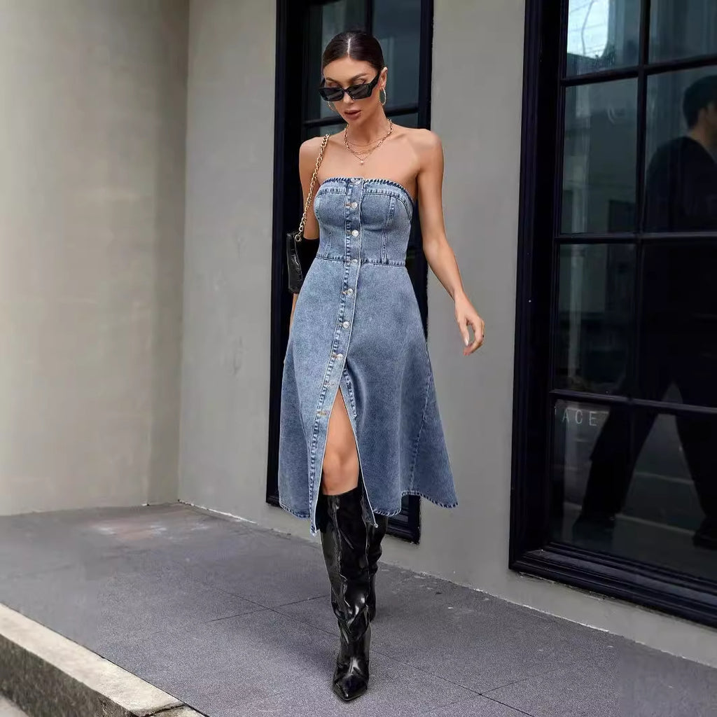 Waist Bandeau Slim Denim Swing Dress for Women's Clothing
