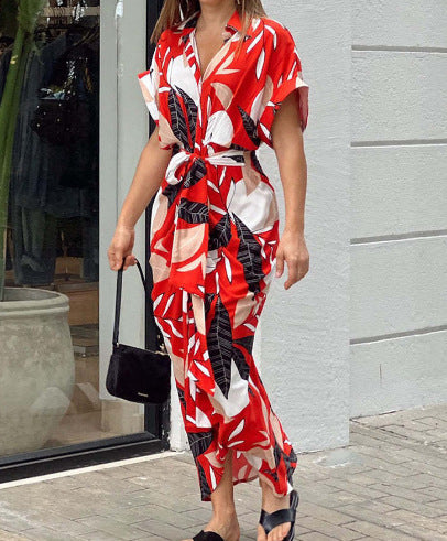 Women's print lapel, short sleeve, long waist dress