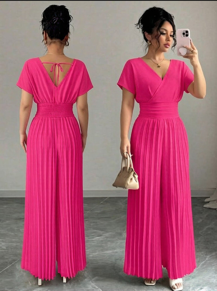 Women’s Elegant V-Neck Pleated Jumpsuit – Solid Color Waist-Cinching Short Sleeve Romper