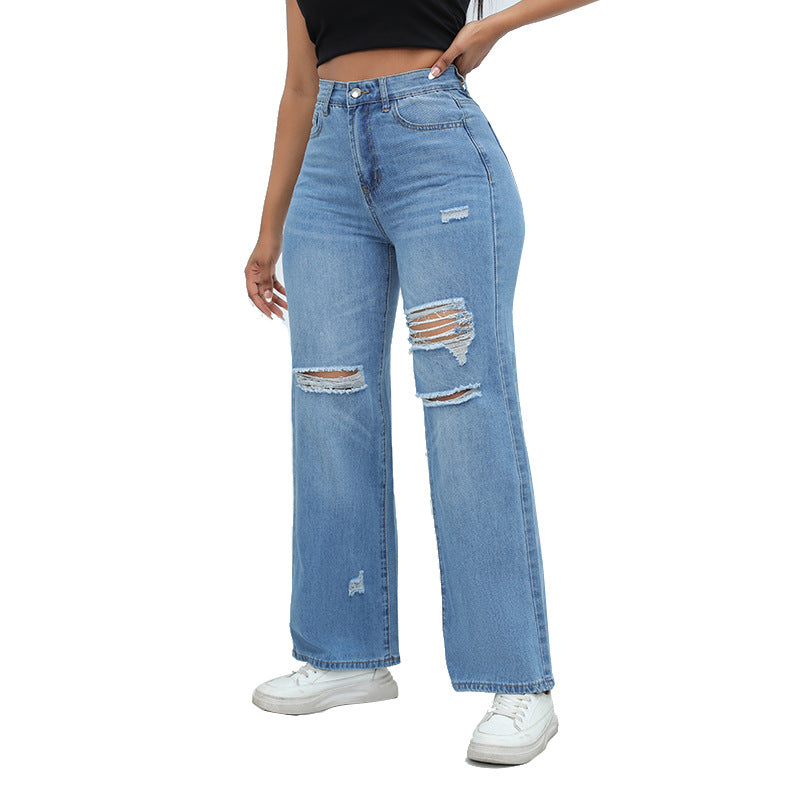 High-quality temperament ripped wide-leg pants jeans