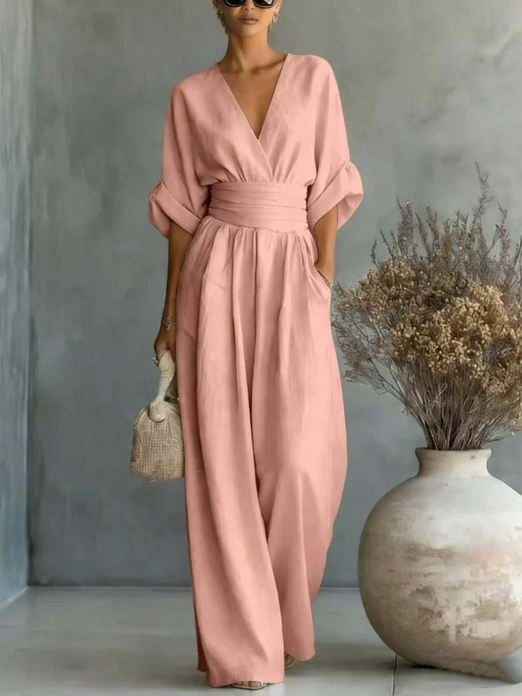 Womens Elegant V-Neck Waist-Slimming Jumpsuit