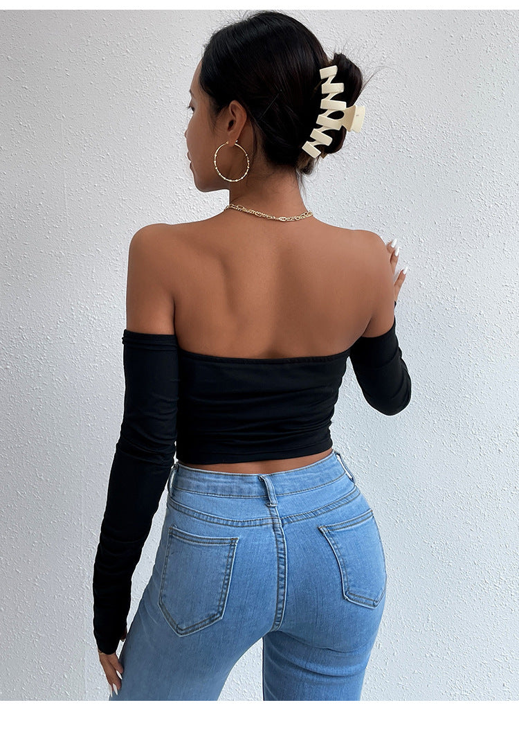 Summer long-sleeved top, straight neck, backless and off-the-shoulder top