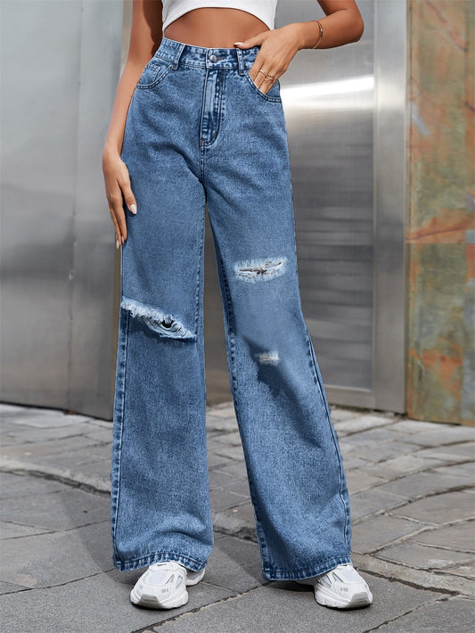 Ripped wash loose, straight denim pants