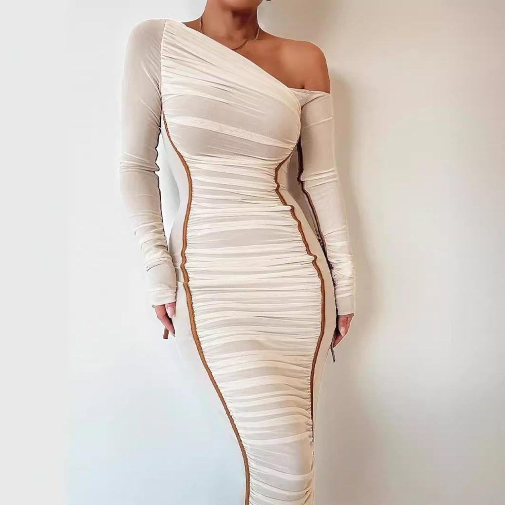 Women's long sleeve mesh stitching slanted shoulder dress