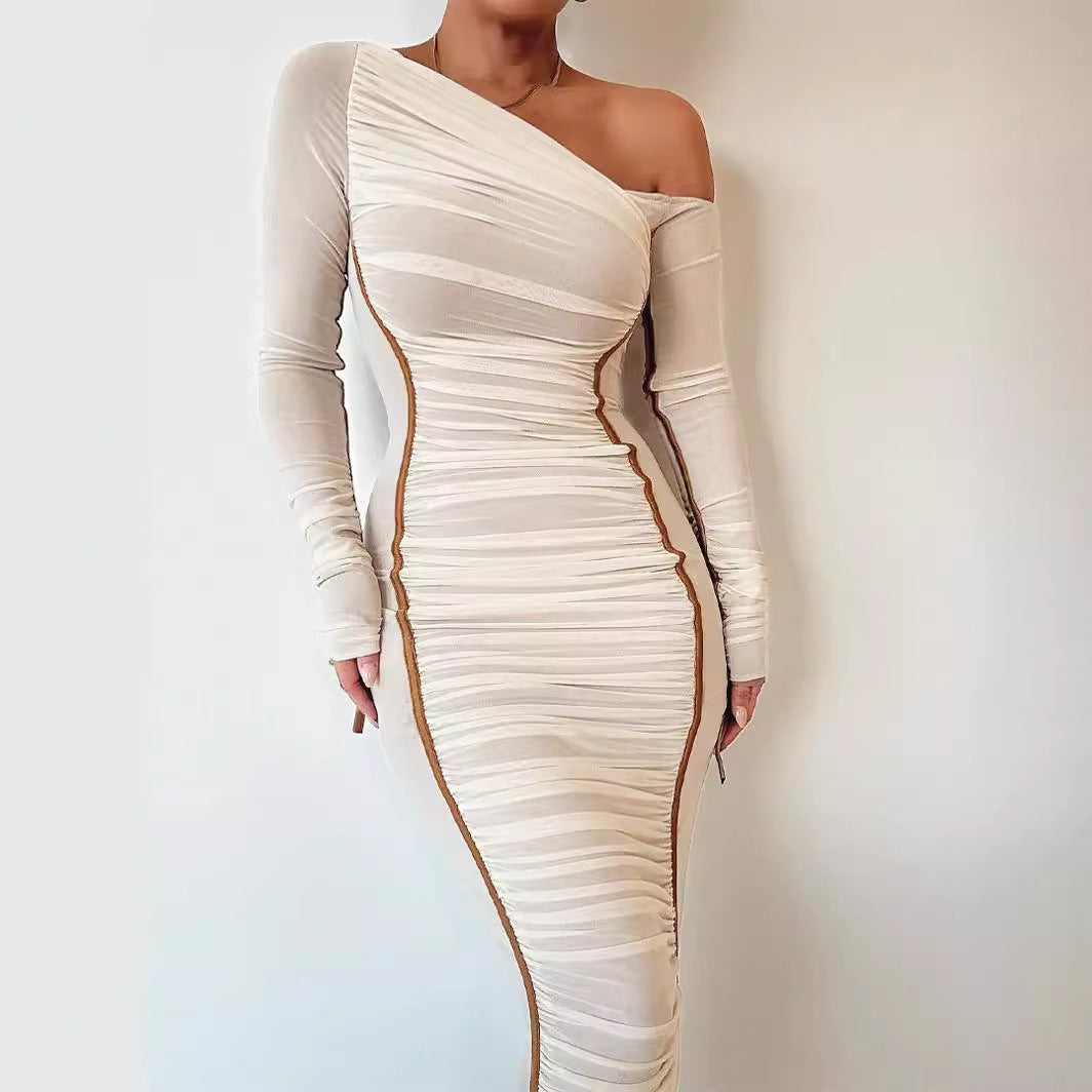 Women's long sleeve mesh stitching slanted shoulder dress
