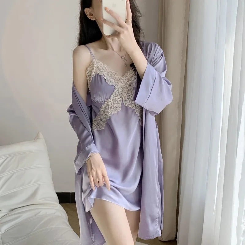Women's Ice Silk 5-Piece Pajama Set – Sexy Cami Nightdress & Loungewear