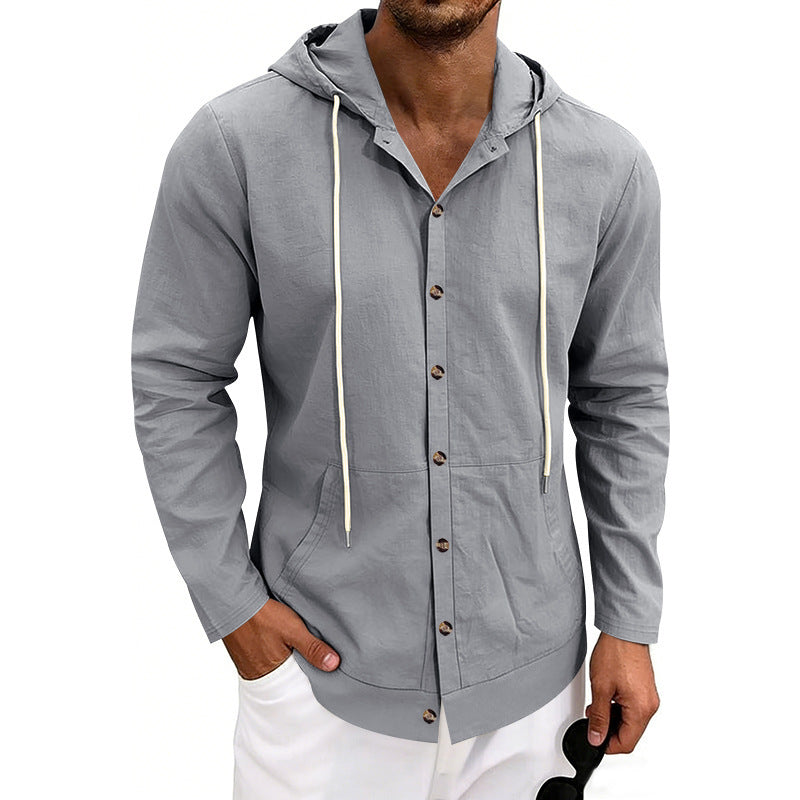 Mens Linen Hooded Beach Shirt  Casual Loose Fit Cardigan for Spring & Fall