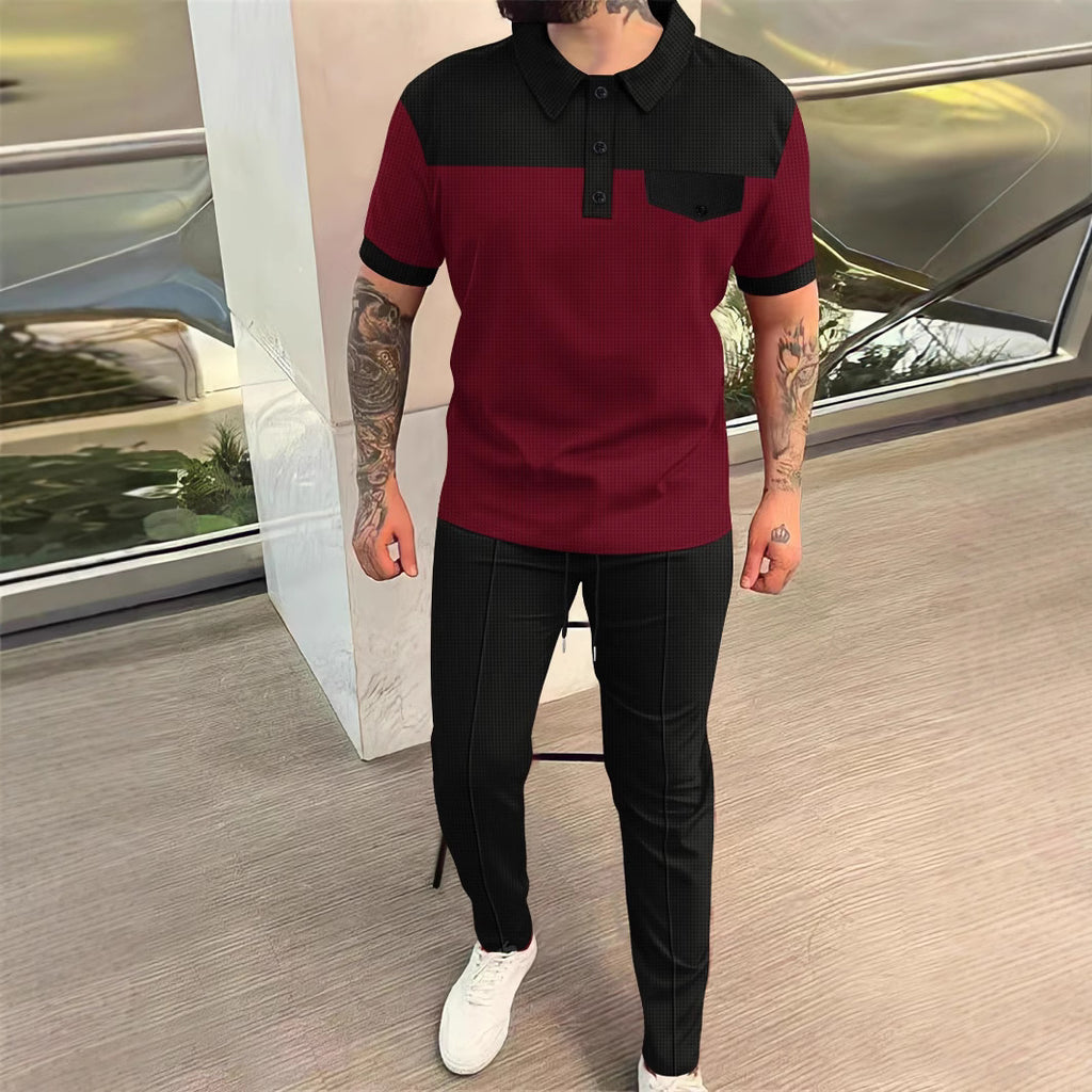Men's Waffle Color-Block Short Sleeve Set