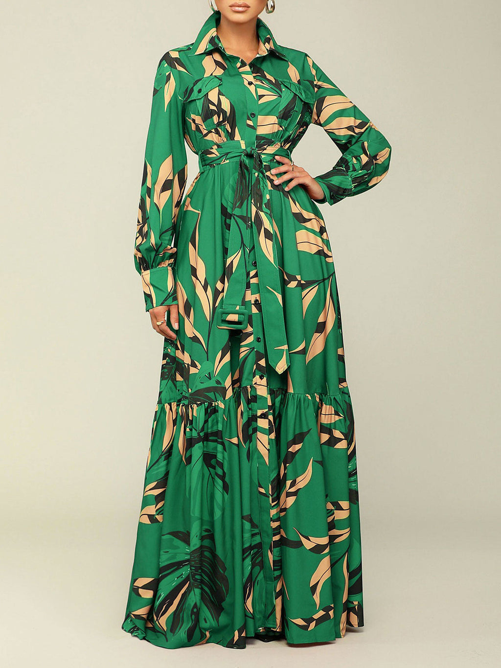 Autumn Lapel Tie Fashion Print Long Sleeve Dress (On Hand)