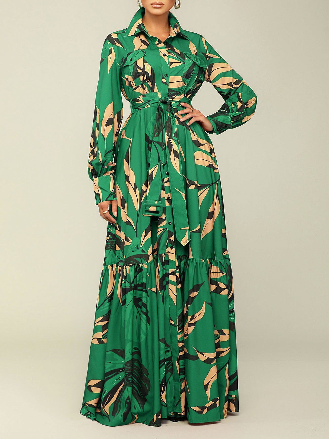 Autumn Lapel Tie Fashion Print Long Sleeve Dress