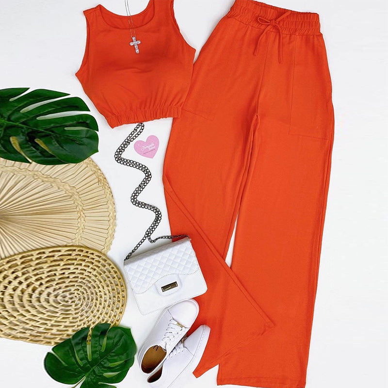 Solid color cropped vest, drawstring high-waisted straight pants, fashionable casual suit