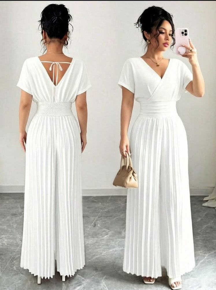 Women’s Elegant V-Neck Pleated Jumpsuit – Solid Color Waist-Cinching Short Sleeve Romper