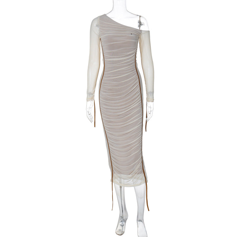 Women's long sleeve mesh stitching slanted shoulder dress