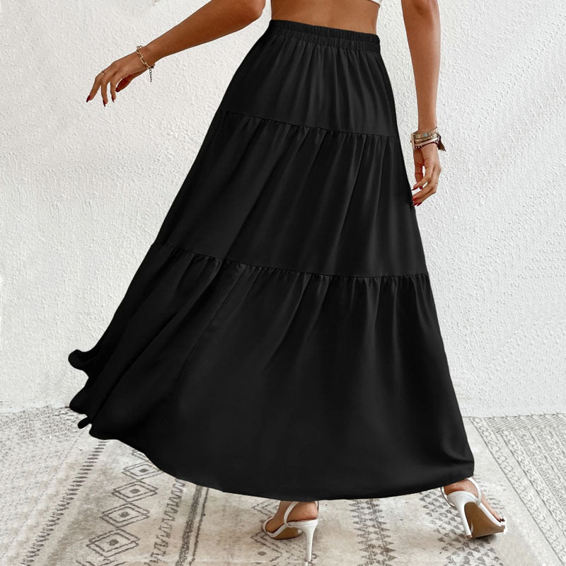 Women's Button-Front Elastic Waist Long Cake Skirt