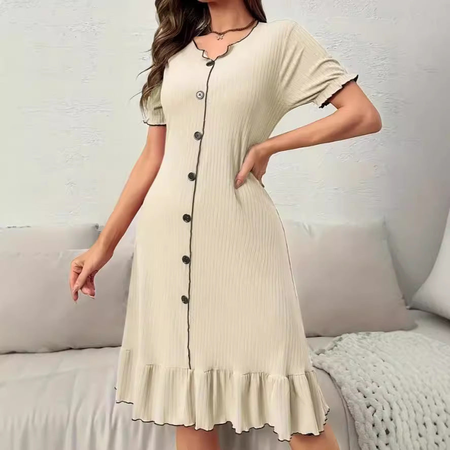 Elegant Knitted Button-Up Slim Dress  Short Sleeve