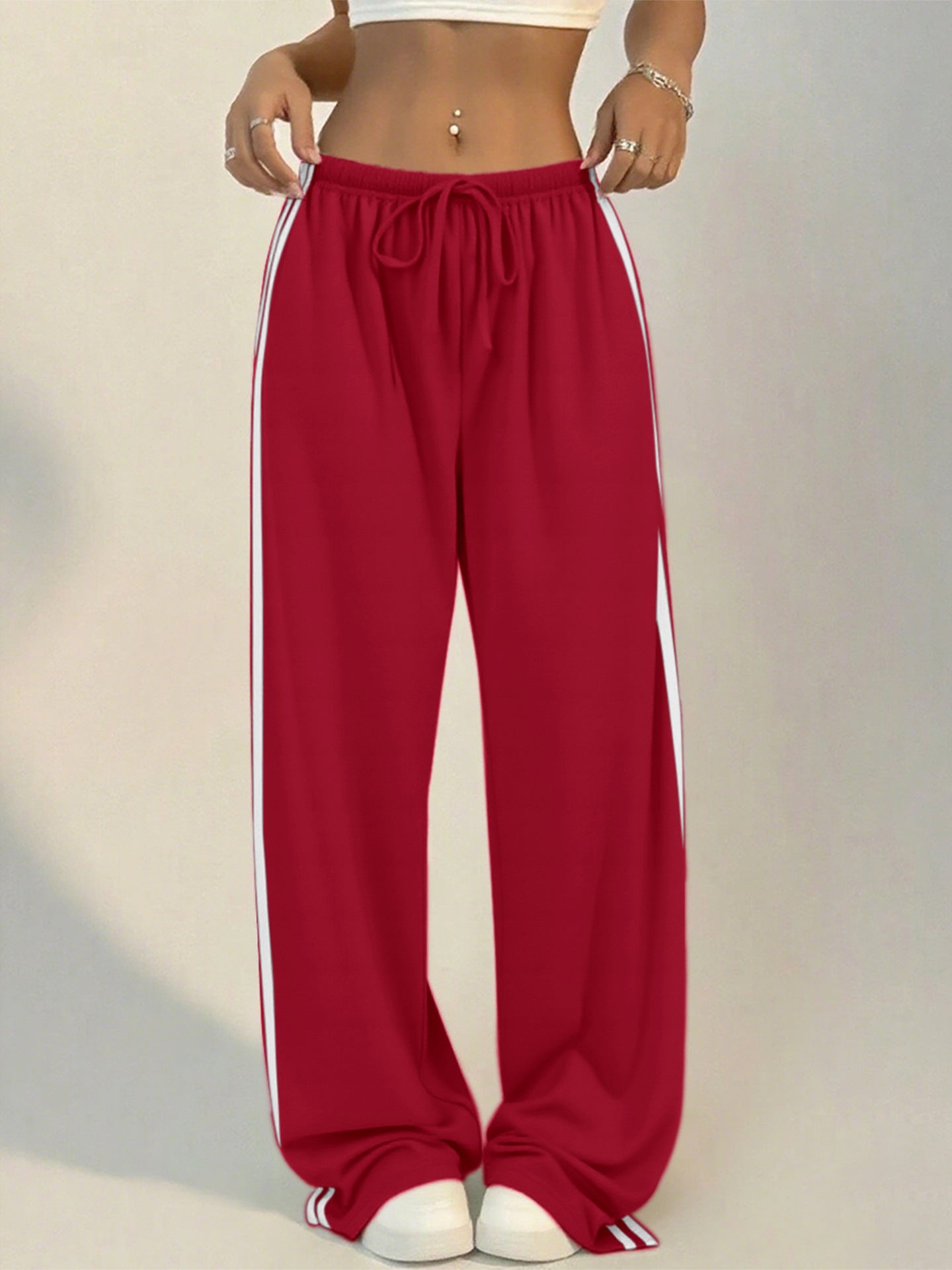 Women's Wide-Leg Striped Slacks with Drawstring Waist