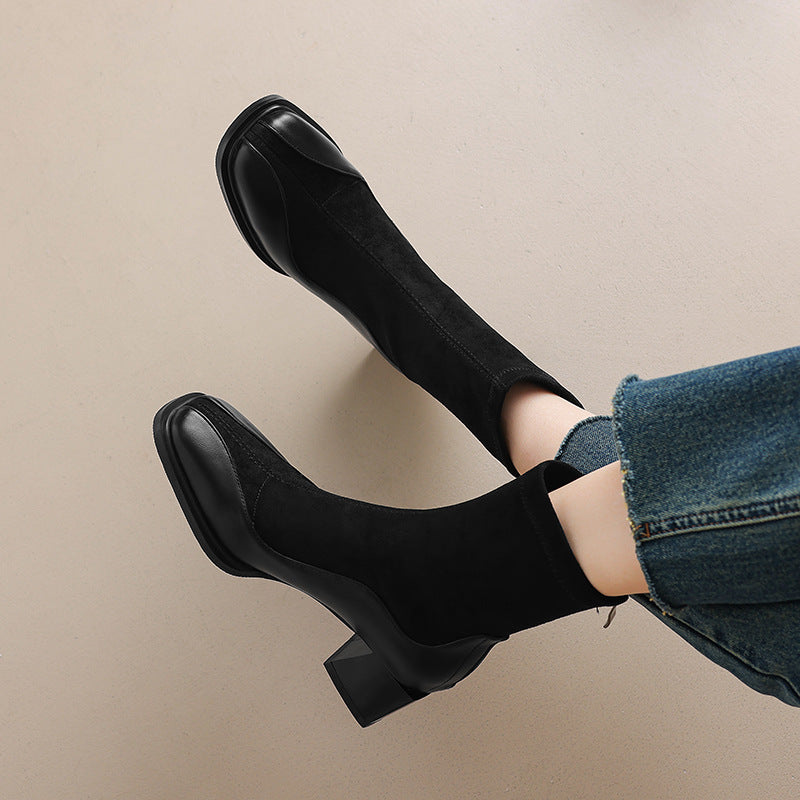 Mid-Heel Square Toe Splicing Boots