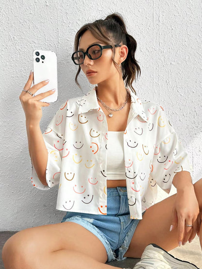 Summer lapel print shirt women's short dropped shoulders short sleeve loose casual top