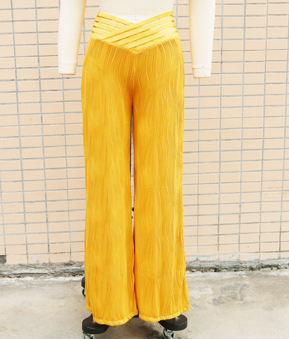 Women's high-waisted slacks, draped pleated cut-out water ripple wide-leg trousers
