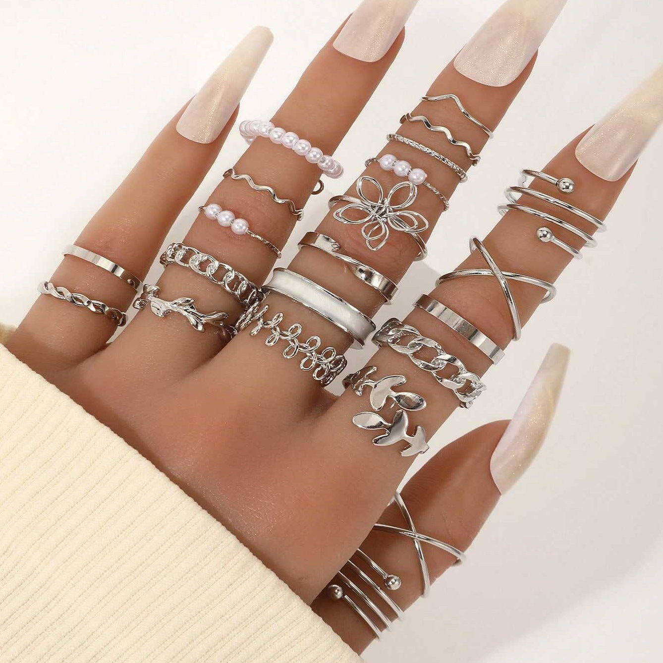 22-Piece Butterfly, Pearl, and Geometric Ring Set
