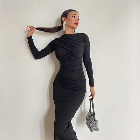 Slim, high-end solid color temperament long hip dress