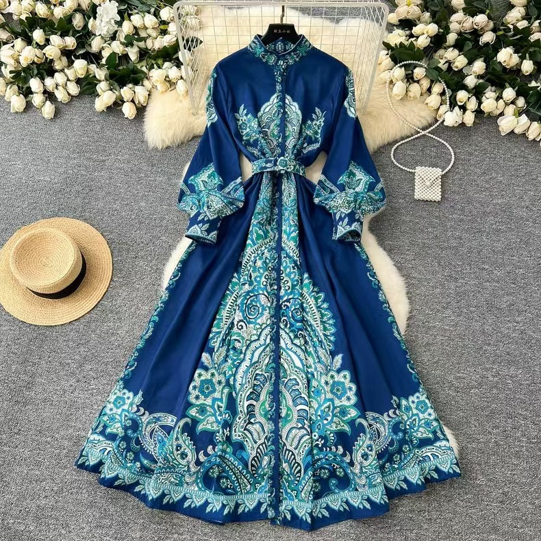 Printed Stand Collar Tie-Waist Dress
