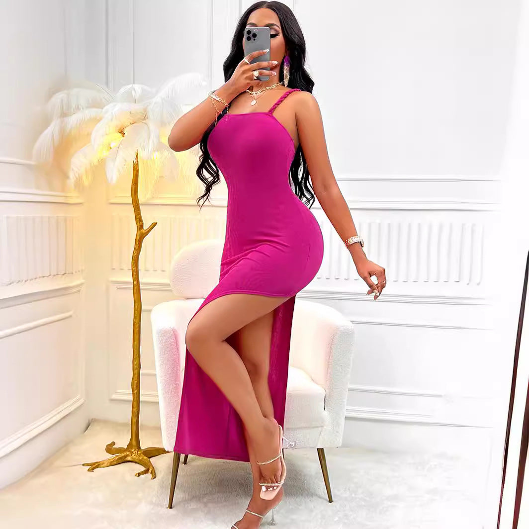 New women's casual solid color waist twist strap slit dress