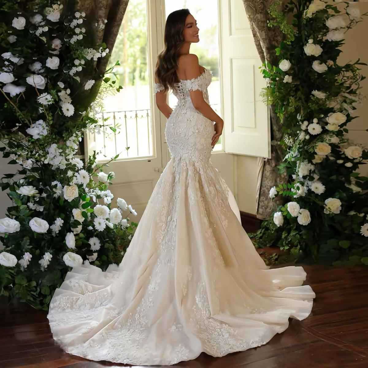 Floral One-Shoulder Fishtail Lace Wedding Dress  Luxury Gauze Bridal Gown