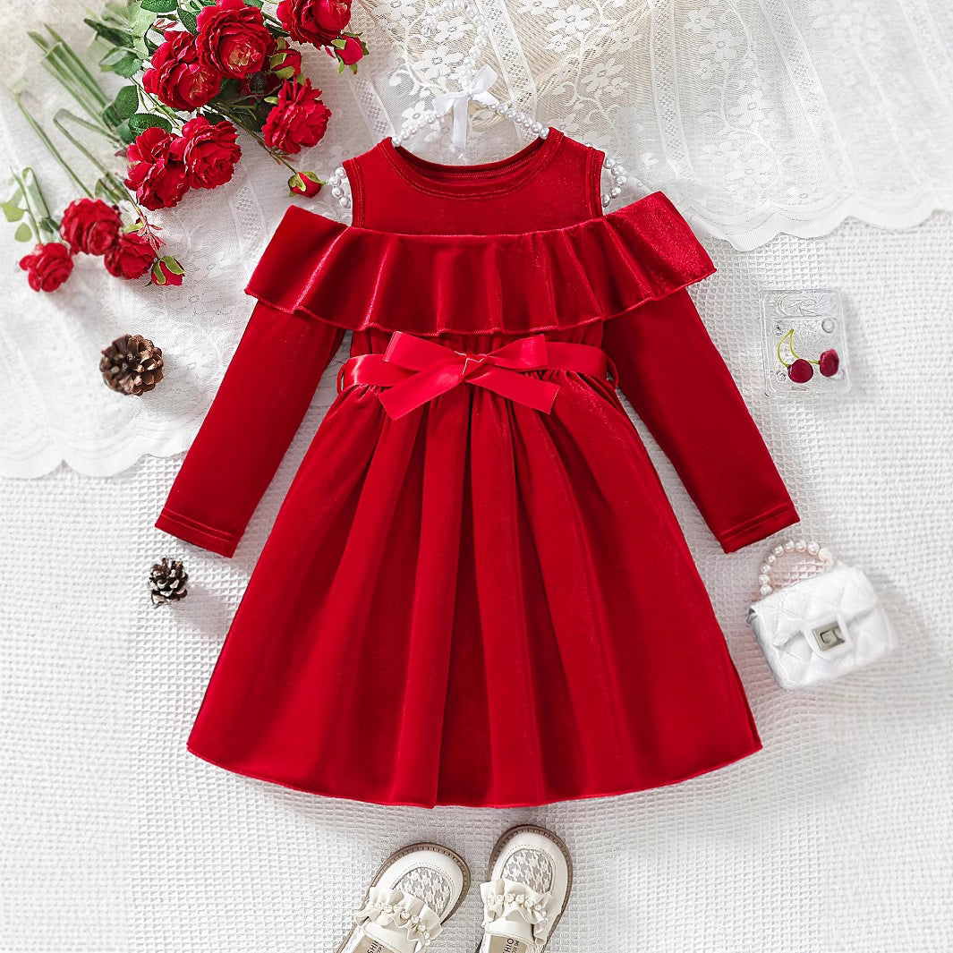 Girls' Festive Red Flannel Dress