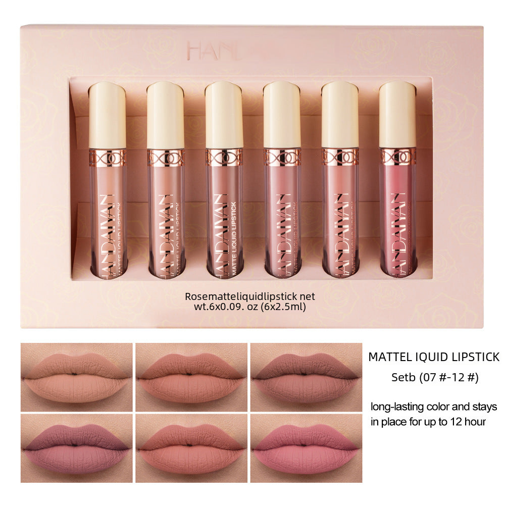 HANDAIYAN 6-Pack Matte Rose Lip Gloss Nude Lipstick, Non-stick Cup Velvet Lip Stain Set
