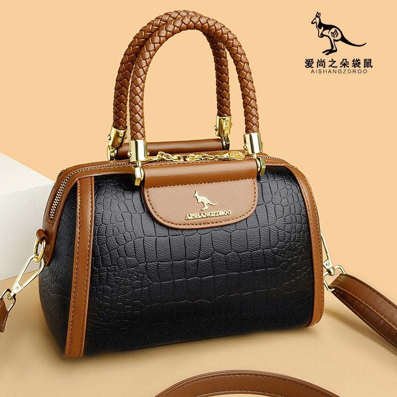 Contrasting crocodile print pure leather hand and shoulder women's bag