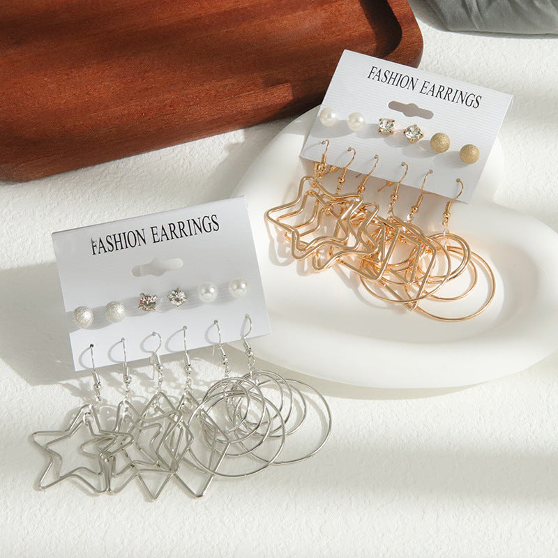 Five Pointed Star Circle Alloy Earrings with Pearl and Diamond Studs - 6 Pairs