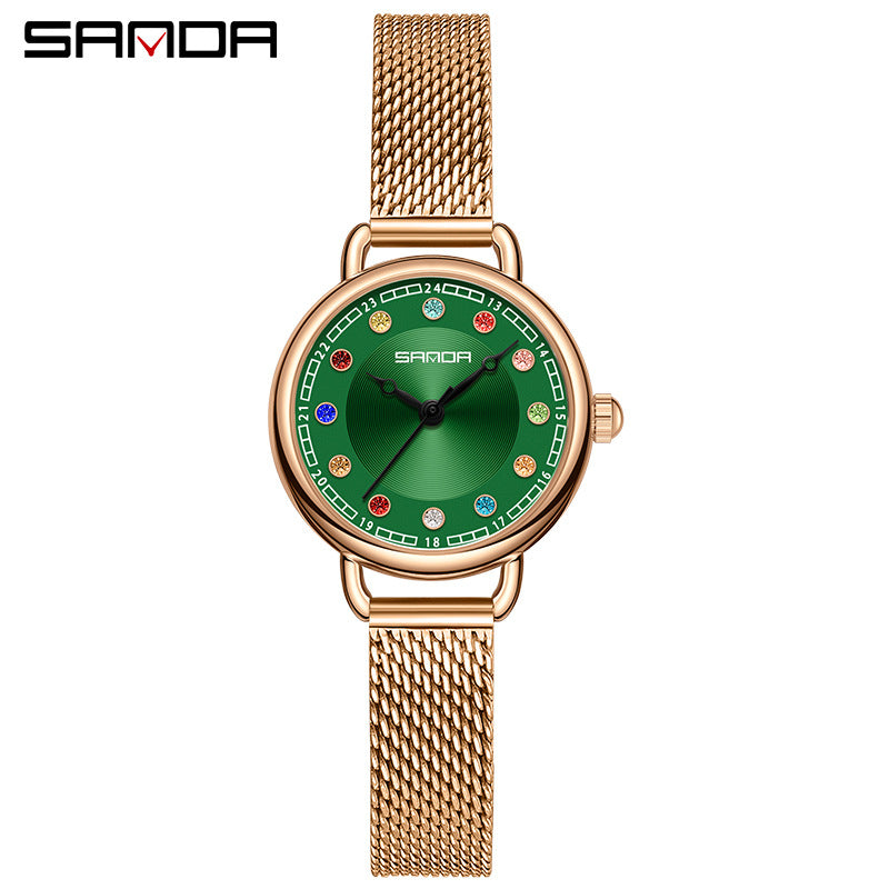 Elegant Malachite Quartz Watch with Crystal Stones - Luxury Women's