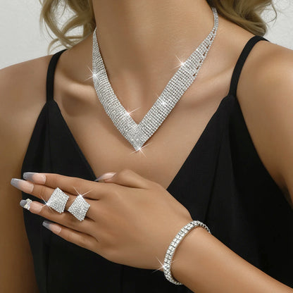 Light luxury rhinestone silver-plated earrings necklace bracelet bridal jewelry