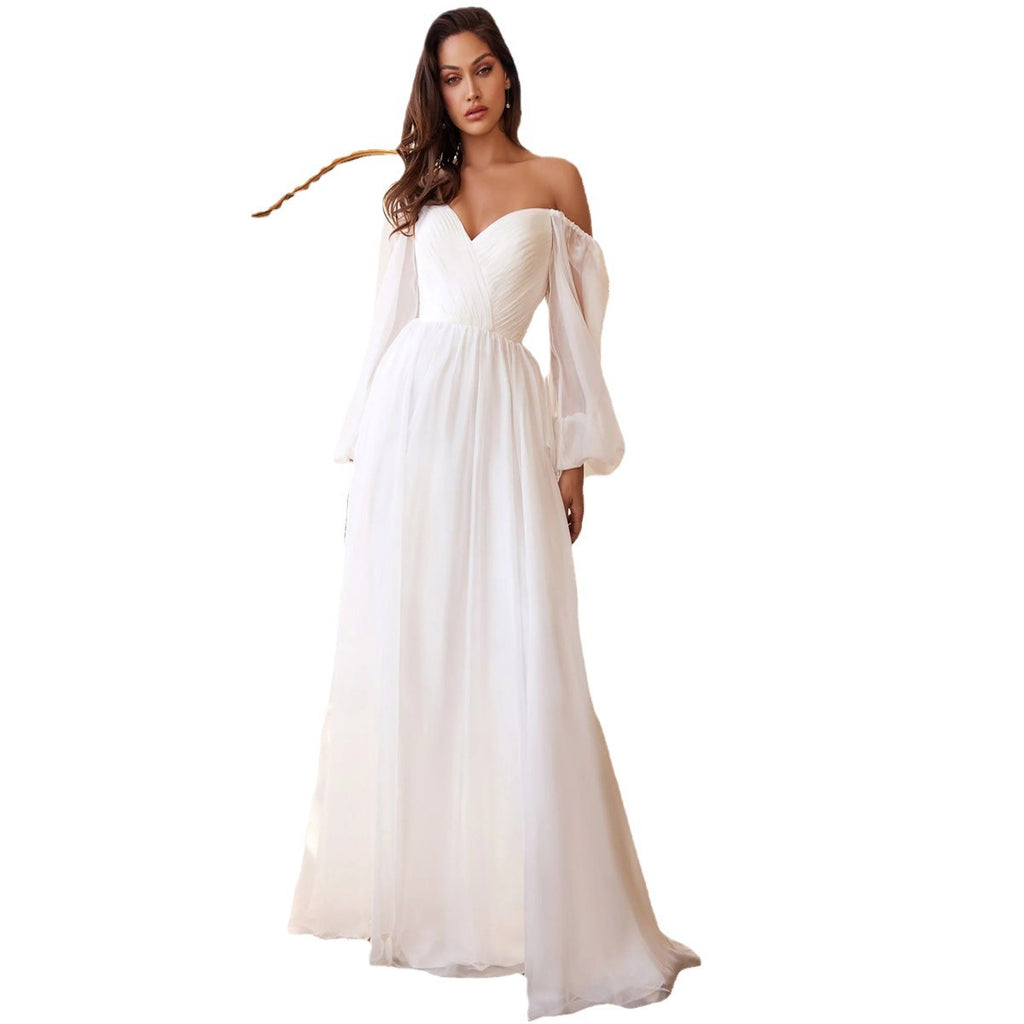Women's chiffon long-sleeved dress with pleats and slim one-shoulder banquet dress