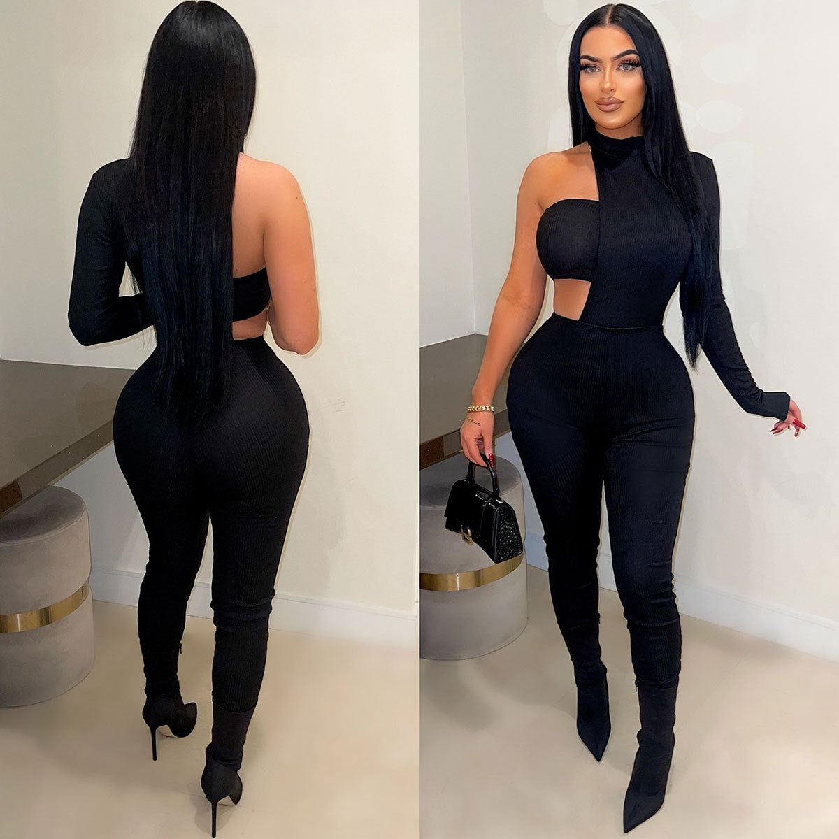 Sexy off-shoulder tight jumpsuit irregular one-piece chest wrap suit