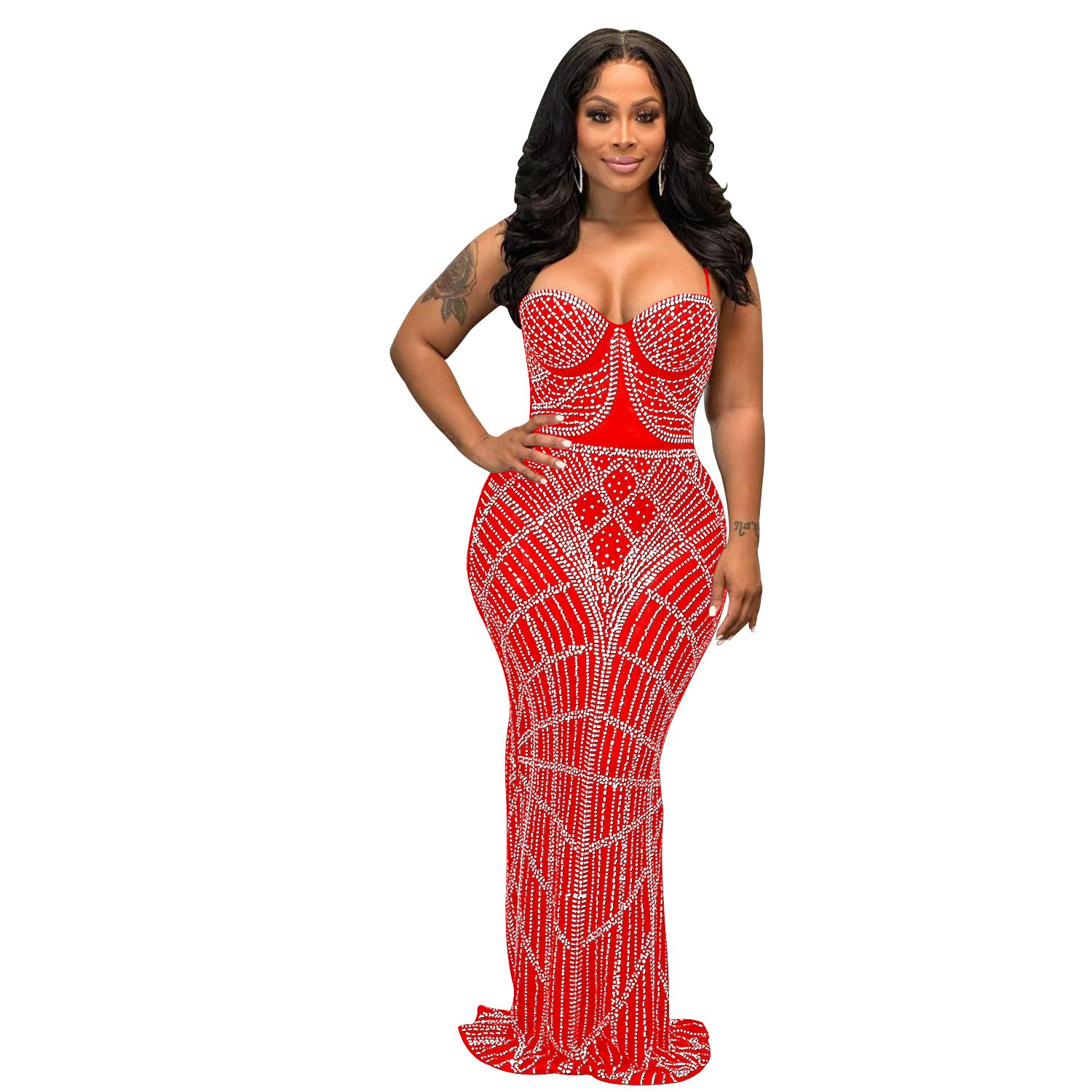 Hot diamond mesh sleeveless shoulder strap long dress