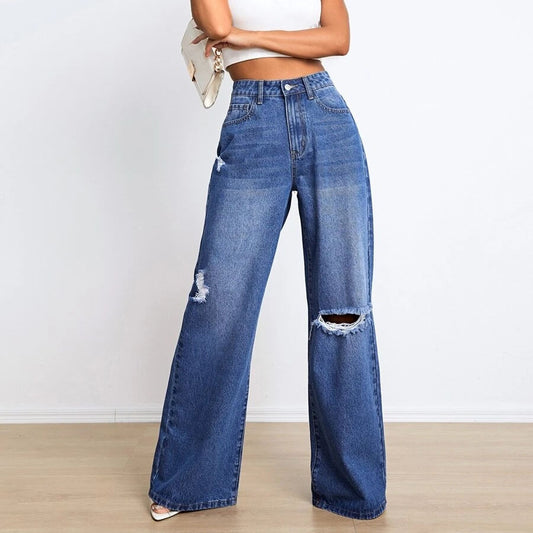 High-waisted ripped, wide-leg pants